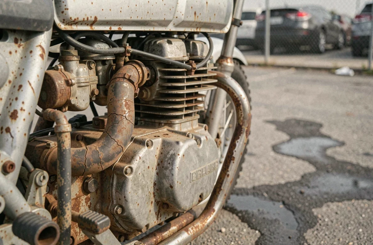 Gros plan sur un moteur de moto rouillé et usé illustrant un manque de fiabilité