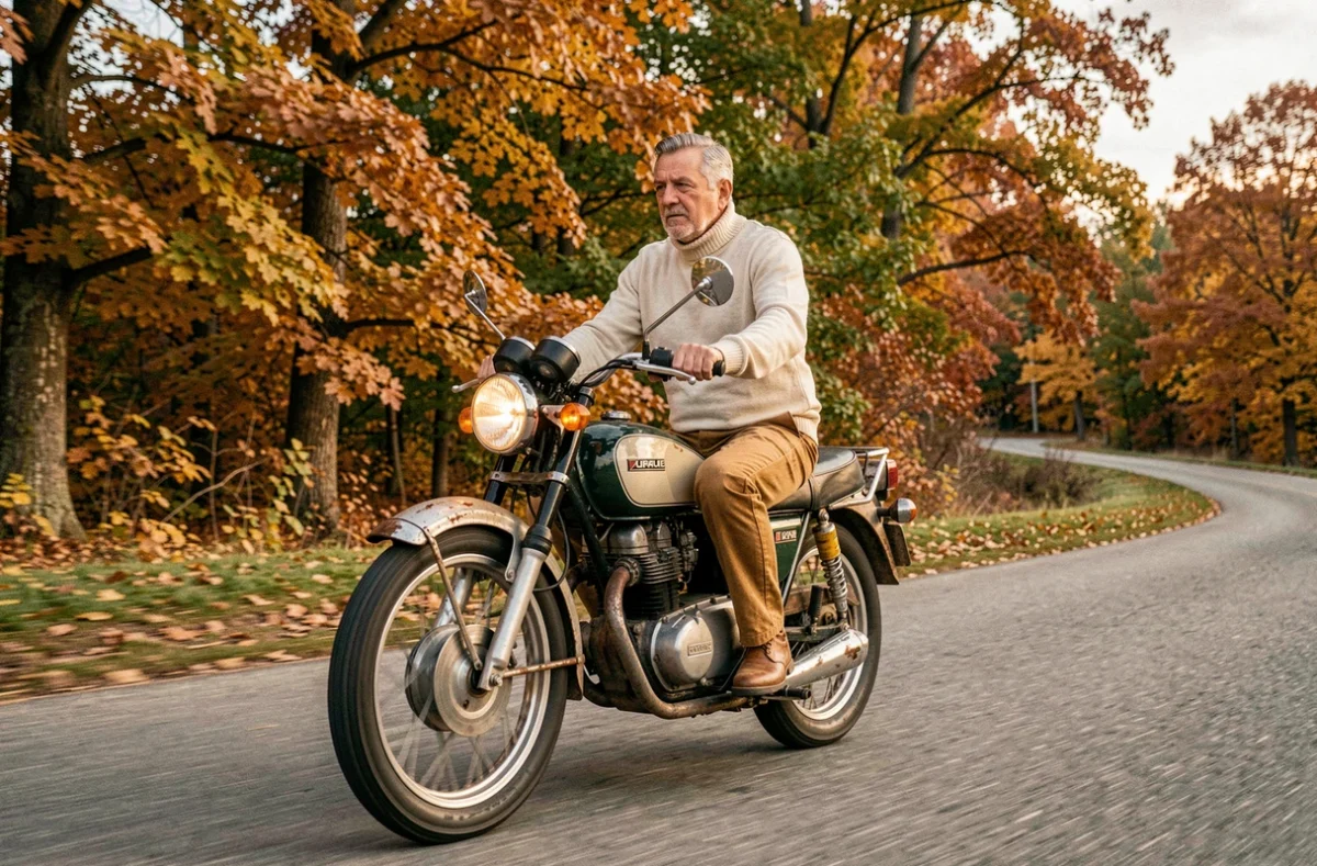 Homme mature roulant sur une moto japonaise de collection restaurée sur une route de campagne aux couleurs automnales