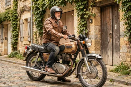 Homme en veste de cuir vintage assis sur une moto de collection des années 70 dans une rue pavée d'un village français