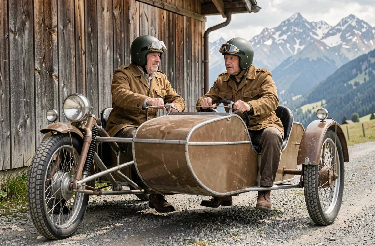 Deux hommes posant avec une moto side-car classique devant une grange alpine en montagne