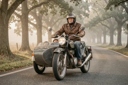 Moto avec side-car vintage conduite sur une route de campagne sinueuse avec un passager