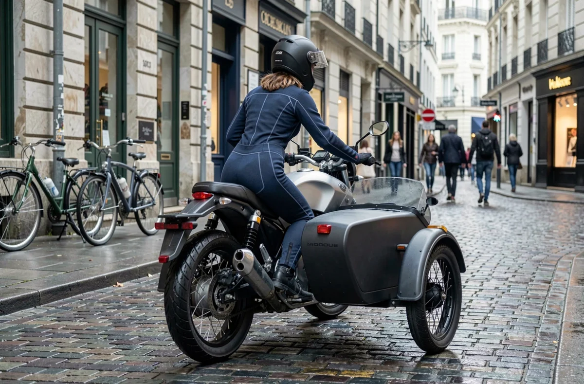 Femme pilotant une moto à side-car moderne dans une rue pavée de ville européenne