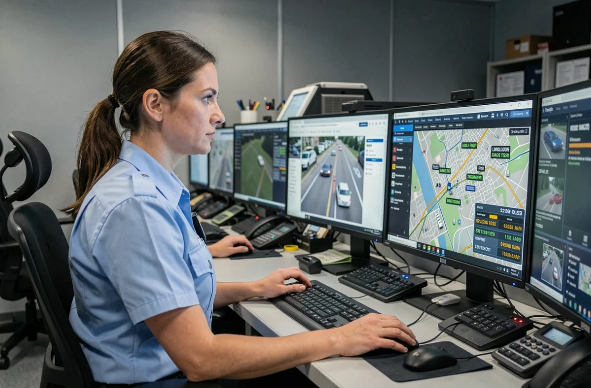 Opératrice de police consultant un système de surveillance GPS et de reconnaissance de plaques d'immatriculation dans un centre de commandement