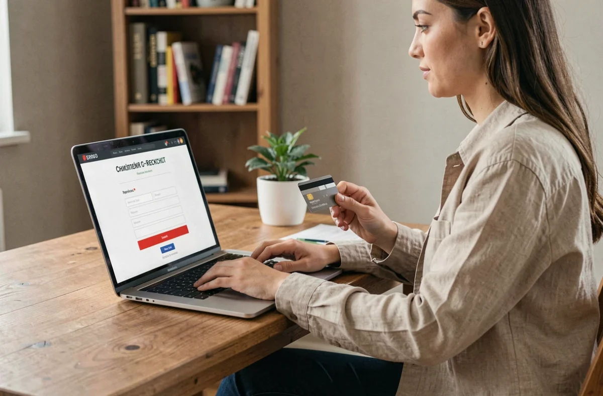 Femme effectuant un paiement en ligne sur Turo depuis un ordinateur portable, tenant une carte bancaire dans un bureau à domicile