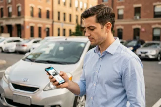 Homme utilisant une application de paiement sur smartphone pour louer une voiture via Turo, debout près d'un véhicule en milieu urbain