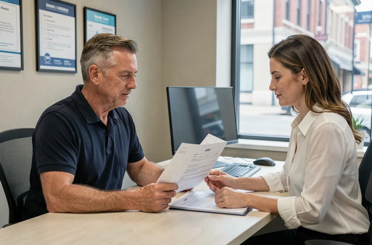 Père discutant d'un contrat d'assurance auto pour sa fille avec une conseillère en agence