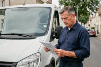 Homme consultant des documents de permis de conduire devant un camion de 4250 kg garé en zone urbaine