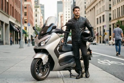 Homme en tenue de motard debout à côté d'un Yamaha TMAX gris en ville, illustrant le permis nécessaire pour conduire un maxi-scooter