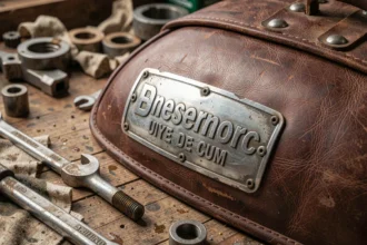Plaque nominative vintage chromée d'une moto ancienne avec lettrage en relief sur réservoir en cuir patiné