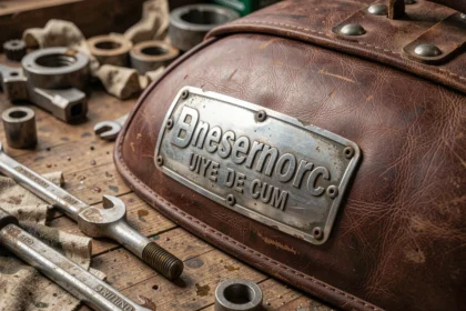 Plaque nominative vintage chromée d'une moto ancienne avec lettrage en relief sur réservoir en cuir patiné