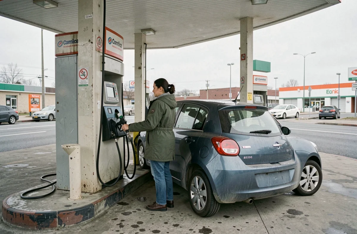 Femme faisant le plein de carburant à la station-service pour optimiser les émissions polluantes de son véhicule