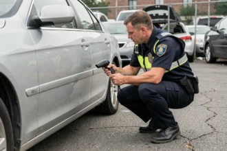 Agent de police examinant le numéro d'identification d'un véhicule récupéré dans une fourrière urbaine avec un scanner portatif