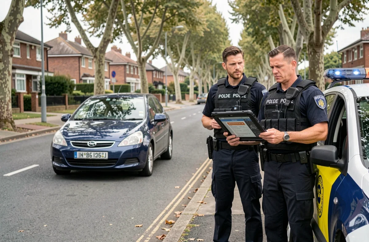 Deux policiers consultant un lecteur automatique de plaques d'immatriculation depuis leur véhicule de patrouille pour localiser une voiture volée