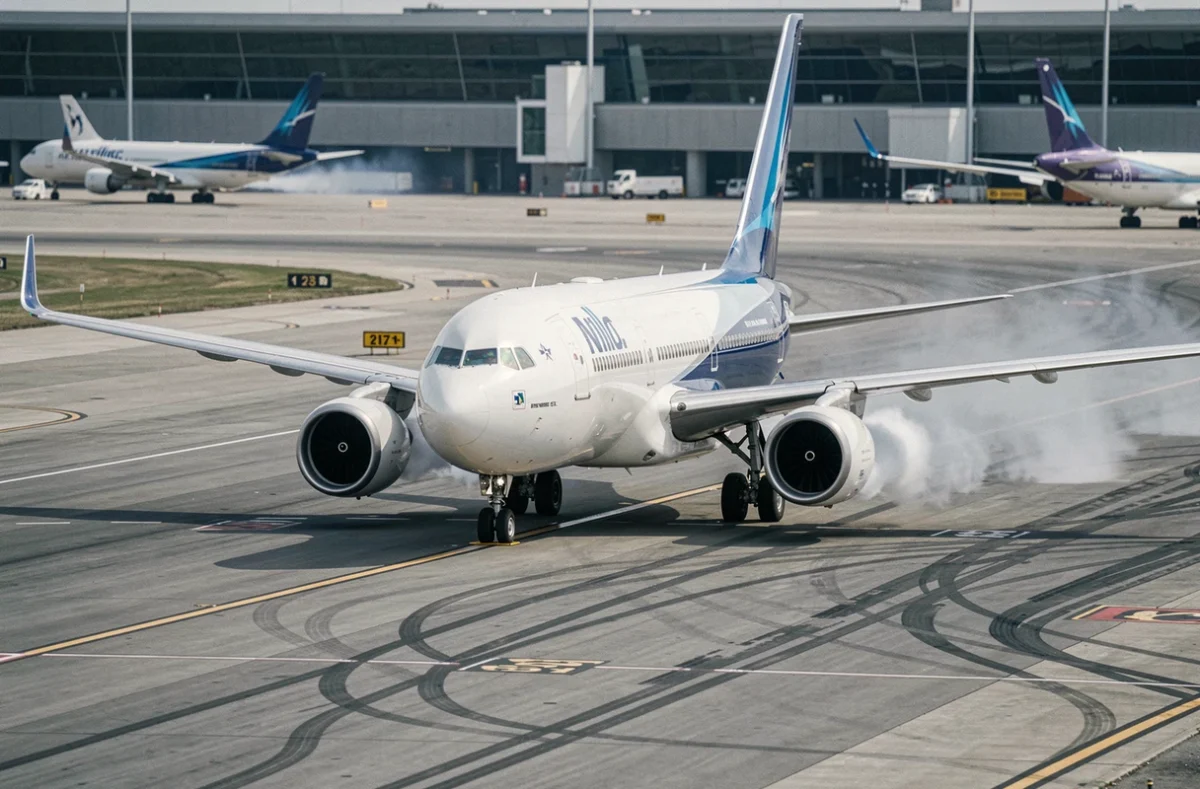 Avion commercial en train de rouler sur le tarmac d'un aéroport international, avec traces de chaleur des réacteurs, symbolisant l'empreinte carbone du transport aérien