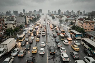Vue aérienne d'une autoroute urbaine congestionnée avec des voitures et camions émettant des gaz d'échappement, illustrant la pollution des transports routiers