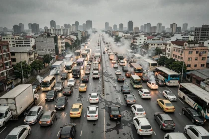 Vue aérienne d'une autoroute urbaine congestionnée avec des voitures et camions émettant des gaz d'échappement, illustrant la pollution des transports routiers