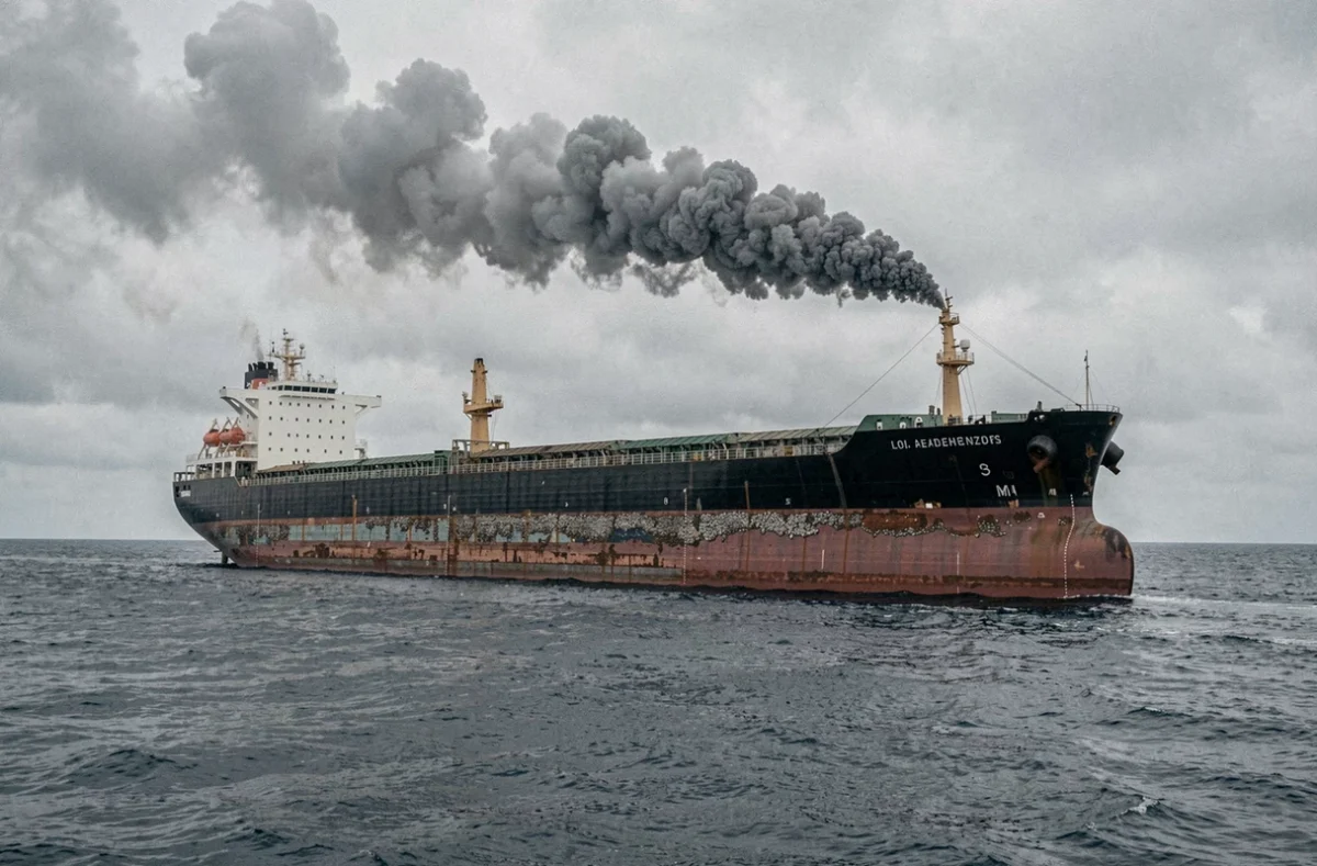 Énorme cargo maritime en mer émettant une épaisse fumée noire de sa cheminée, illustrant la pollution des transports maritimes et leur impact environnemental