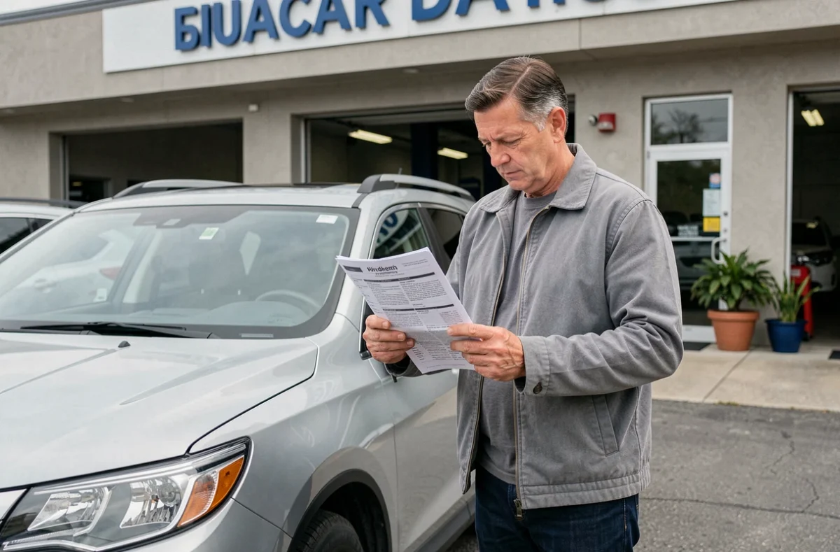 Propriétaire de véhicule lisant son contrat d'assurance garage devant son SUV dans un parking de centre automobile