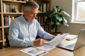 Homme consultant des documents officiels pour réactiver son permis de conduire à son bureau
