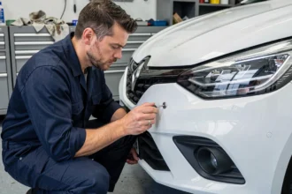 Technicien automobile réglant la hauteur des phares d'une Renault Clio 5 dans un atelier