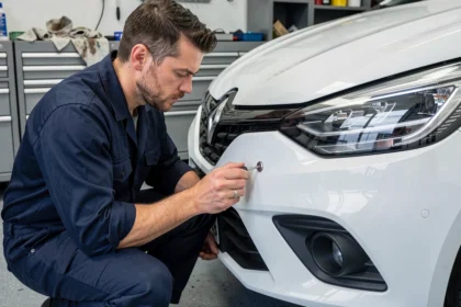 Technicien automobile réglant la hauteur des phares d'une Renault Clio 5 dans un atelier