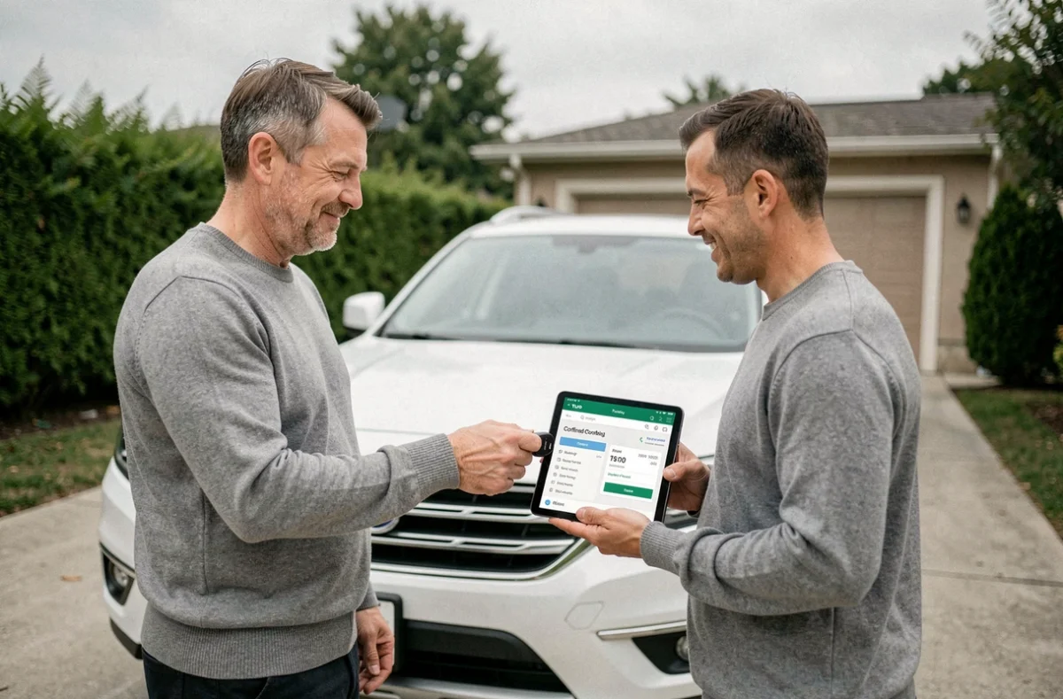 Remise de clés de voiture entre propriétaire et locataire avec confirmation de paiement Turo sur tablette dans une allée résidentielle