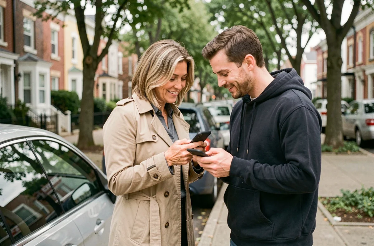 Propriétaire et locataire se retrouvant pour la remise des clés d'une voiture Getaround après contact via l'application