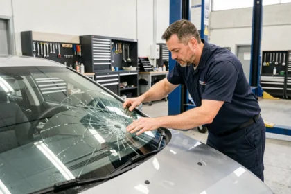 Technicien en vitrage automobile remplaçant un pare-brise fissuré sur une berline dans un atelier professionnel