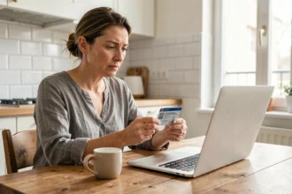 Femme consultant son permis de conduire français tout en naviguant sur un site administratif en ligne depuis son domicile
