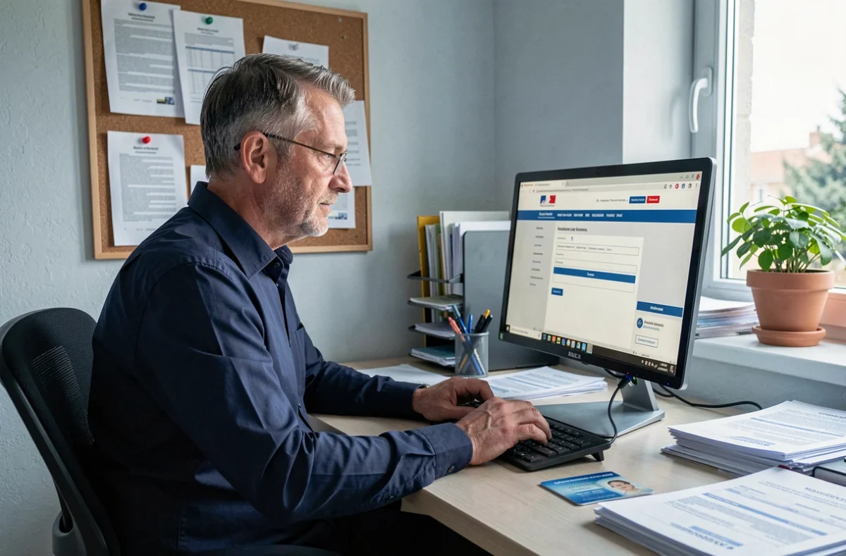 Homme en train de renouveler son permis de conduire français sur le site de l'ANTS depuis son bureau à domicile