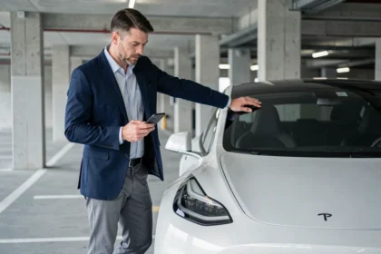 Homme d'affaires analysant les coûts d'une Tesla Model 3 blanche dans un parking urbain moderne