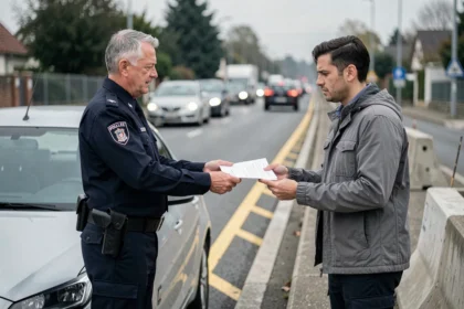 Agent de police remettant un document de retrait de permis à un conducteur lors d'un contrôle routier