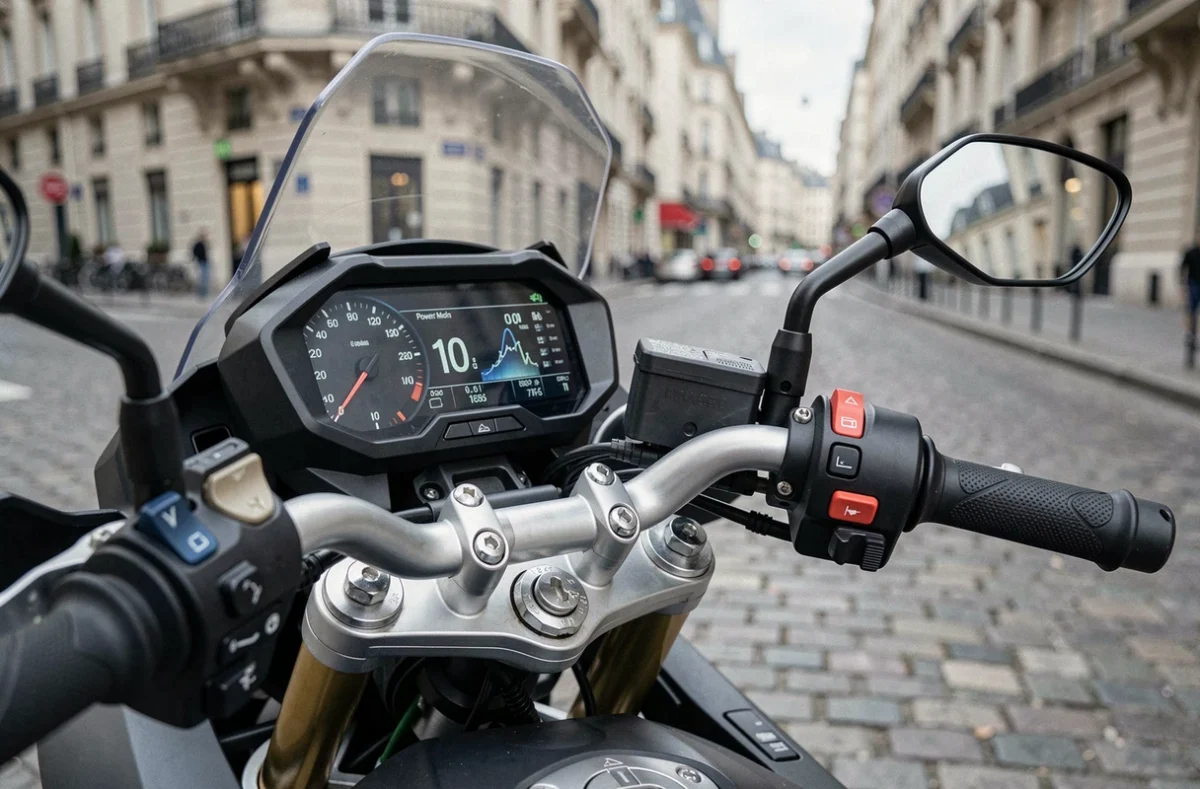 Tableau de bord et commandes d'une moto homologuée permis A2 garée dans une rue parisienne