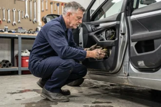 Technicien automobile inspectant le capteur de verrouillage centralisé à l'intérieur d'un panneau de portière de voiture dans un garage