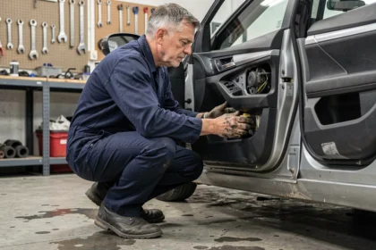 Technicien automobile inspectant le capteur de verrouillage centralisé à l'intérieur d'un panneau de portière de voiture dans un garage