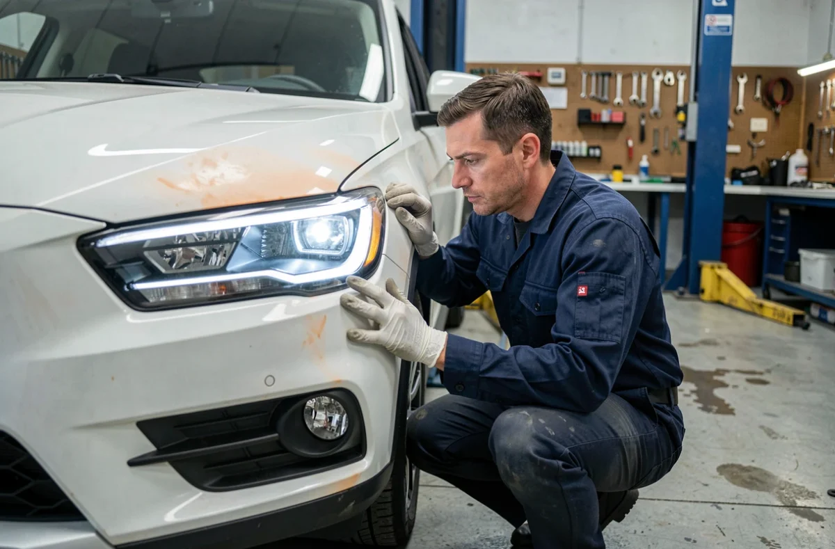 Technicien automobile inspectant les feux de jour d'un SUV blanc dans un atelier de réparation