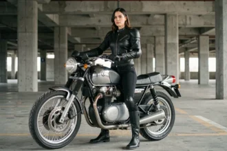 Femme en tenue de moto complète — veste cuir, jeans de protection et bottes — posant à côté de sa moto dans un parking urbain en béton