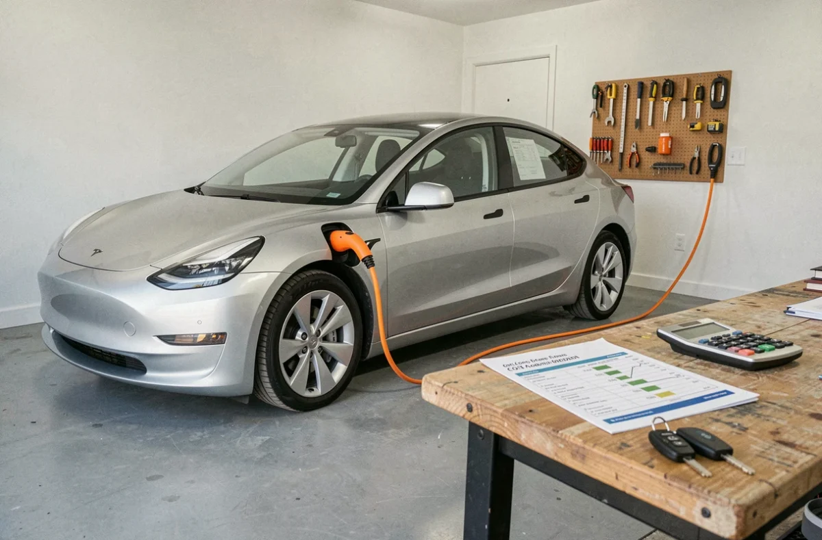 Tesla Model 3 en charge dans un garage domestique avec comparatif de coûts posé sur un établi
