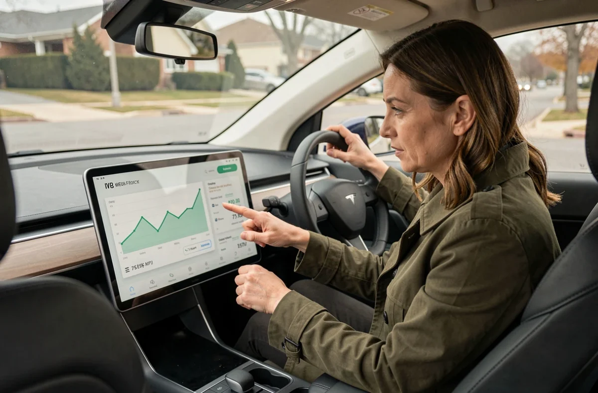 Femme au volant d'un Tesla Model Y consultant les données de consommation énergétique sur l'écran tactile