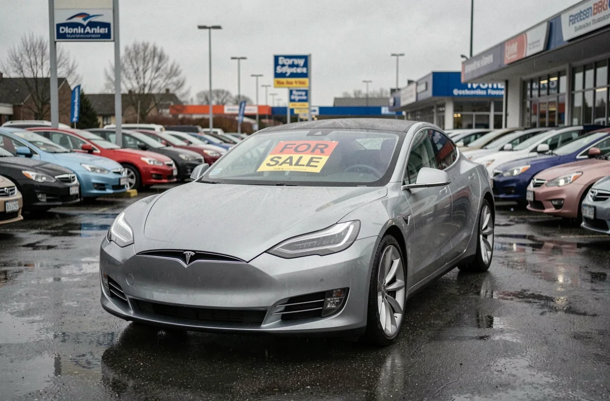 Une Tesla Model S mise en vente dans un lot de voitures d'occasion avec une pancarte 'à vendre' sur le pare-brise, sous un ciel couvert