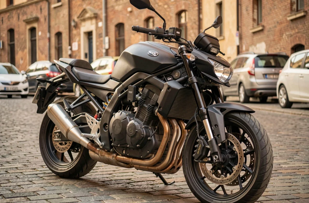 Tracker GPS Monimoto intégré dans le cadre tubulaire d'une moto dans une rue urbaine