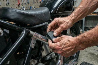 Tracker Monimoto placé discrètement sous la selle d'une moto dans un garage