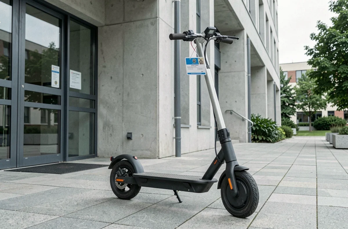 Trottinette électrique immatriculée garée devant un bâtiment administratif avec plaque d'immatriculation visible