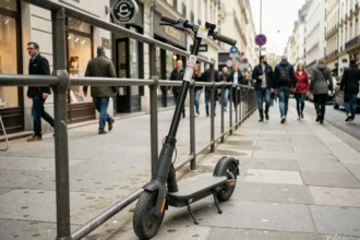 Trottinette électrique garée sur un trottoir urbain avec une notice d'interdiction municipale collée sur le guidon