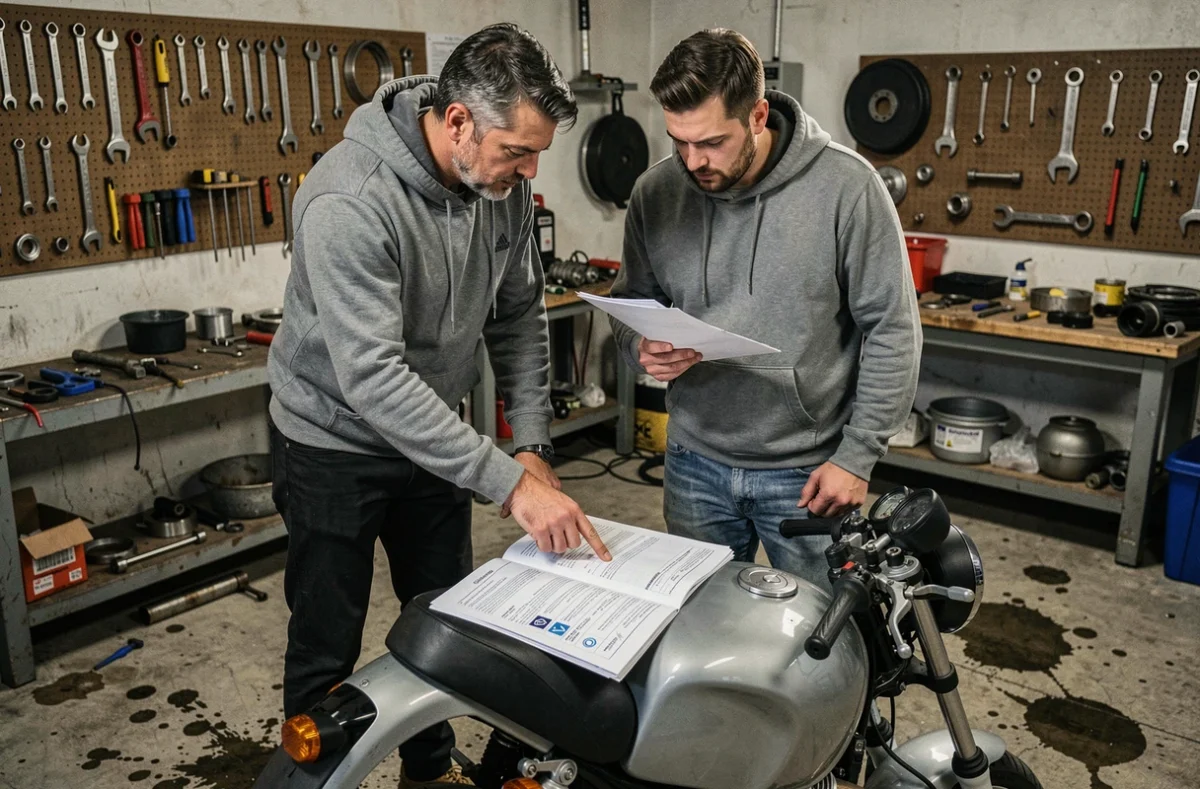 Deux amis consultant les documents d'assurance d'une moto dans un garage, soulevant la question de la couverture lors du prêt d'un véhicule