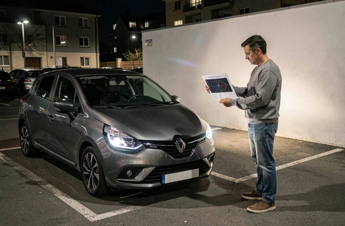Homme vérifiant la portée des phares d'une Clio 5 sur un mur de garage la nuit