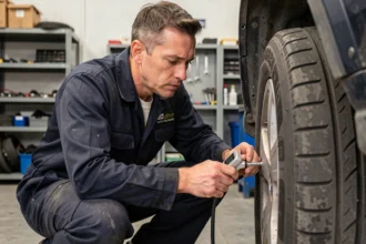 Technicien automobile vérifiant la pression d'un pneu avec un manomètre numérique dans un garage professionnel