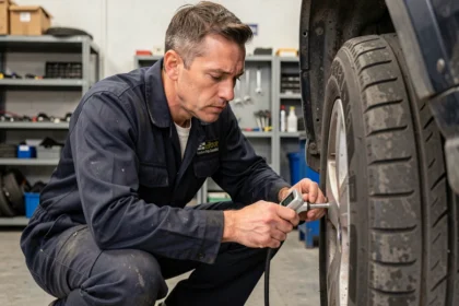 Technicien automobile vérifiant la pression d'un pneu avec un manomètre numérique dans un garage professionnel