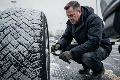 Homme vérifiant la pression d'un pneu hiver avec un manomètre dans un parking enneigé