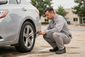 Homme vérifiant la pression des pneus de sa voiture pour réduire la pollution et améliorer la consommation de carburant